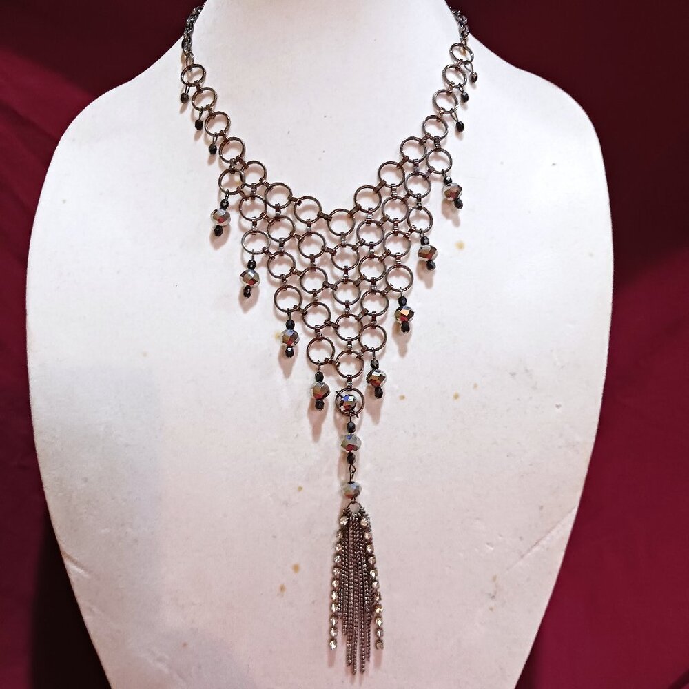 Handmade Gunmetal Rings Black Hematite Bead Bib Statement Necklace Tassel Fringe - Picture 12 of 12